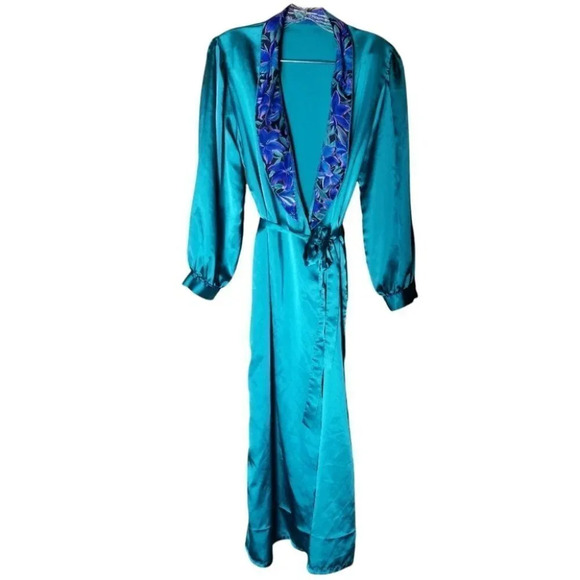 Vintage Chardin Satin Teal Blue Floral  Kimono Robe S - Picture 1 of 14
